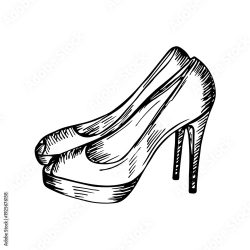 A detailed sketch drawing of platform stilettos, perfect for fashion and design concepts. Hand-drawn illustration in engraving style, isolated on a white background