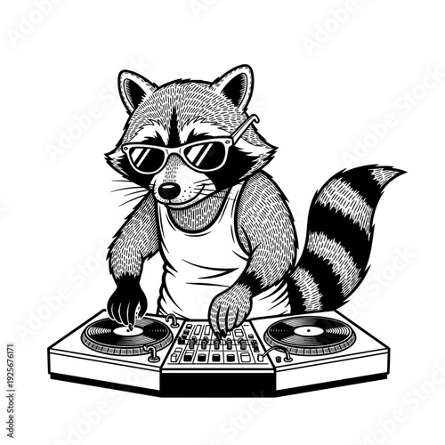 Cool raccoon DJ wearing sunglasses mixing music on turntables.