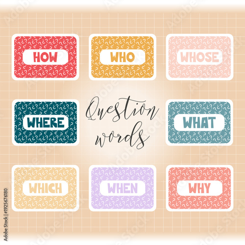 A collection of cards with question words like who, what, where, when, why, and how. Vector illustration collection designed for educational purposes, word learning, games for fun studying