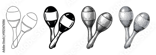 Set of maraca percussion instrument illustrations drawn in four distinct black and white styles: minimalist line art, vintage engraving, modern stippling, and bold graphic