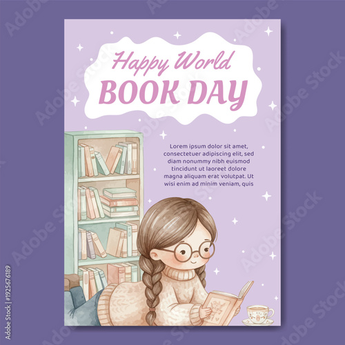 Watercolor world book day vertical poster template