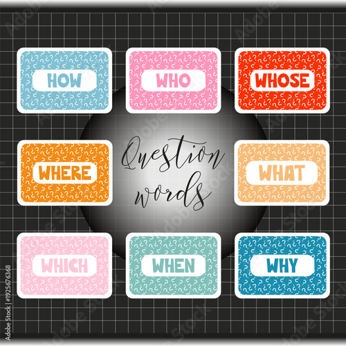 Colorful cards with question words collection of vector illustrations. Educational purposes, word learning, games for fun, language studying