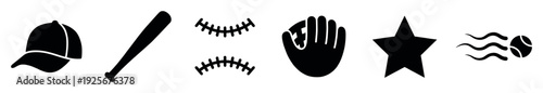 Collection of black baseball sport icons featuring a cap, bat, stitches, mitt, star, and fast ball presented in a simple graphic silhouette style for design elements
