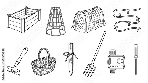 Set of hand-drawn gardening equipment icons including a planter box, plant cage, cloche, pitchfork, and water timer in a clean black and white doodle illustration style