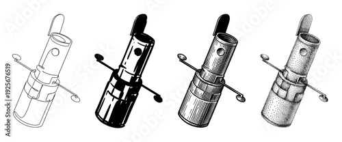 Collection of four space telescope drawings showcasing diverse artistic methods such as single line art, high contrast blackwork, classic hatching, and detailed pointillism