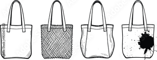 Tote bag illustration, fashion accessory artwork, textile design, eco shopping bag, stylish handbag silhouette, product comparison drawing, artistic fabric detail