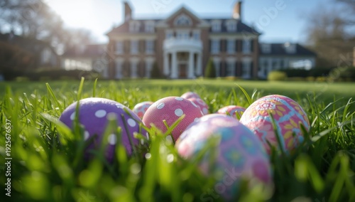 Colorful Easter eggs on green grass in front of large house purple
