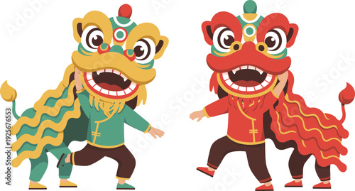 Chinese lion dance illustration with colorful traditional costumes celebrating Lunar New Year festival culture cartoon vector characters isolated on white background