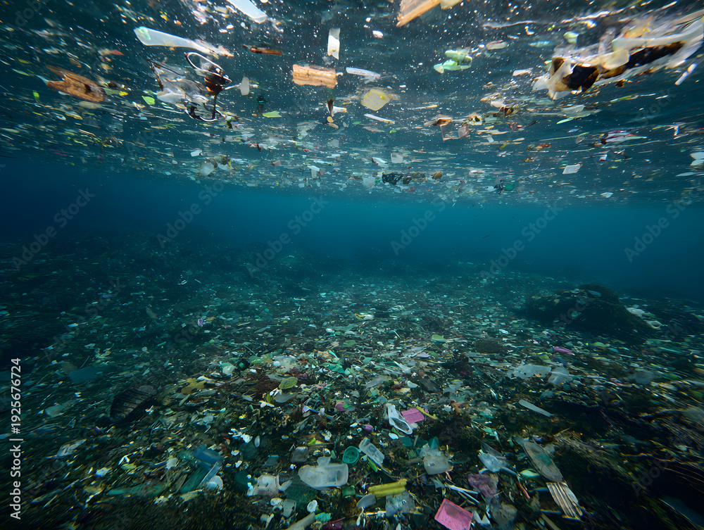 Wall Mural Underwater view of ocean floor heavily polluted with floating and settled plasti