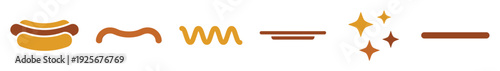 Set of simple flat design icons in warm earth tones featuring a hot dog, mustache, mustard squiggle, and star sparkles arranged in a row like a visual equation