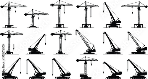 Construction crane silhouettes, tower cranes, mobile cranes, crawler cranes, heavy machinery artwork, industrial equipment icons, building site engineering illustration