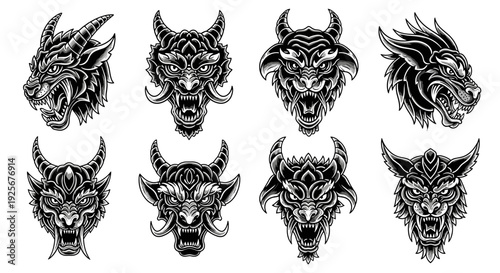 Intricate Japanese Oni Mask and Dragon Head Illustrations.