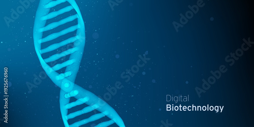 Abstract blue DNA molecule, double helix Technology illustration. Gene digital biotechnology futuristic concept. Biology genetic research backdrop.