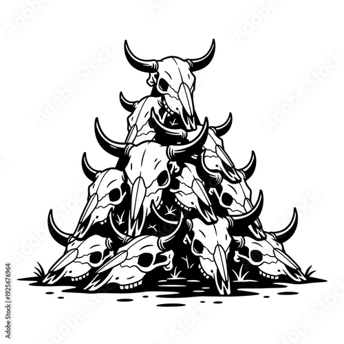 Pile of animal skulls with horns, black and white illustration.