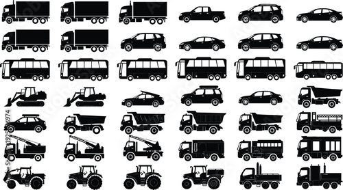 Vehicle silhouette icons, transportation illustration, trucks, buses, cars, tractors, utility vehicles, automotive design elements, transport comparison artwork, black silhouettes