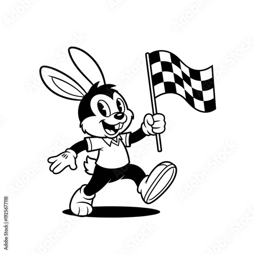 Retro cartoon rabbit mascot holding a checkered flag.