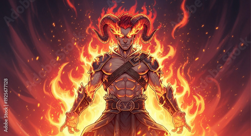 Fiery Demon Warrior with Horns and Muscular Body.