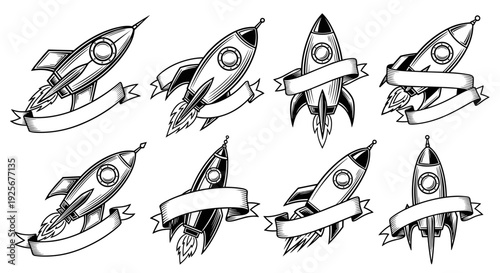 Collection of vintage rocket ship illustrations with blank banners for custom text.