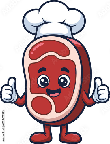 Cute steak chef mascot illustration with smiling meat character thumbs up cartoon food cooking restaurant branding vector isolated on white background
