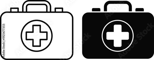 First aid kit icon set illustration with medical emergency cross symbol outline and solid styles vector isolated on white background design artwork