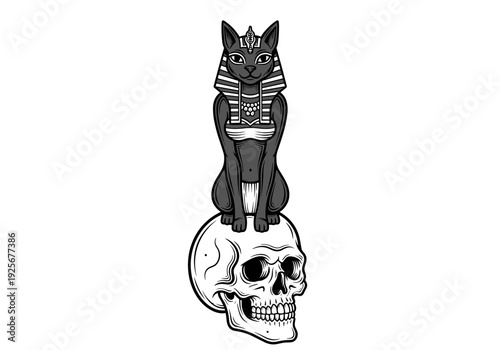 Ancient Egyptian Cat Goddess Bastet Sitting on a Human Skull.