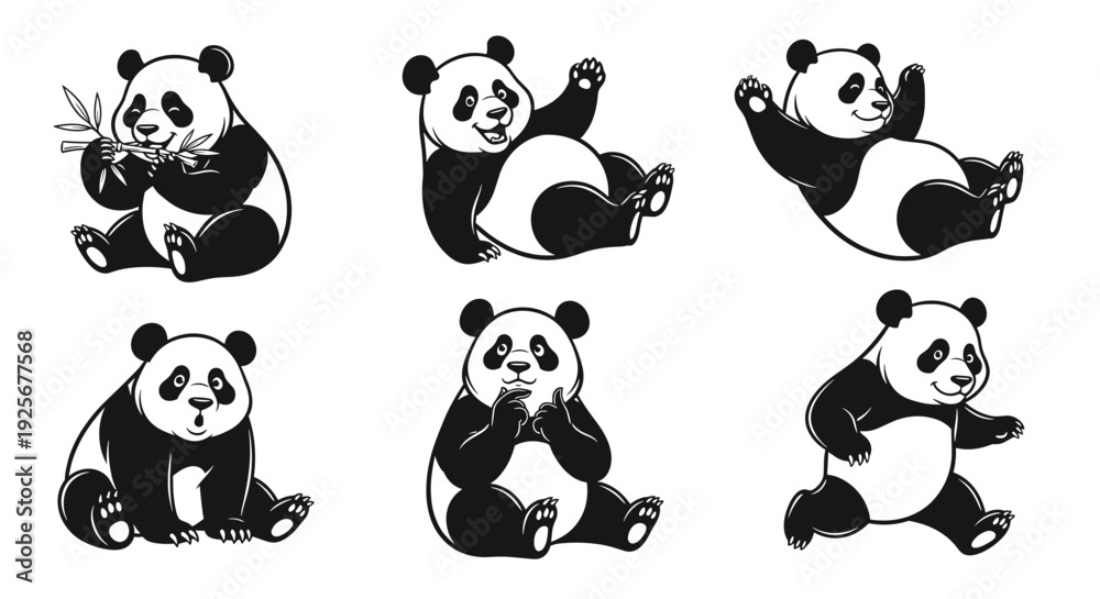 Naklejka premium Adorable Giant Panda Bears in Various Playful Poses Black and White Sketch.