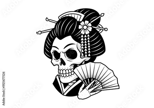 Traditional Japanese Geisha Skull with Fan Illustration.