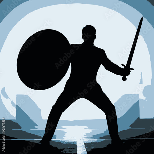 Silhouetted Warrior with Sword and Shield.