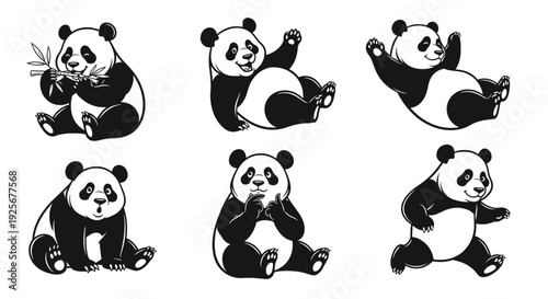 Adorable Giant Panda Bears in Various Playful Poses Black and White Sketch.
