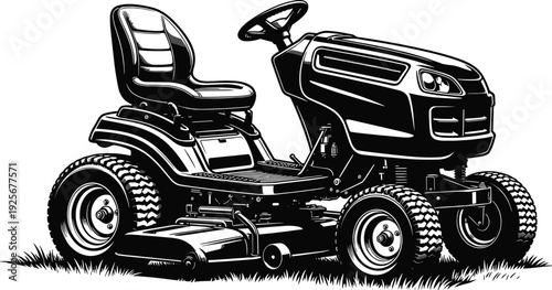 Riding lawn mower illustration, garden equipment artwork, grass cutting machine design, landscaping machinery silhouette, outdoor maintenance vehicle drawing