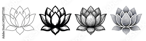 Set of four black lotus flower illustrations in various artistic styles including minimalist line art, bold silhouette, vintage engraving, and detailed dotwork stippling