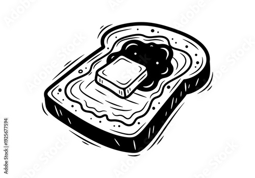 Toasted bread with butter and jam spread on top.