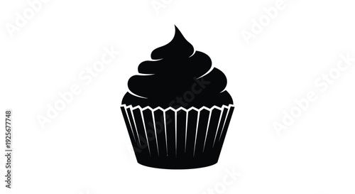 A detailed black silhouette of a frosted cupcake with a paper liner
