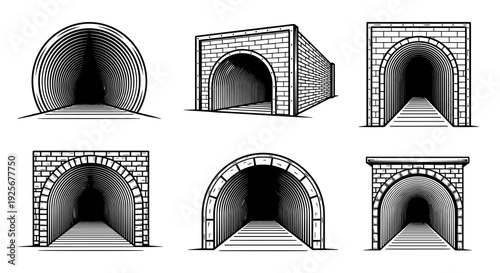 Collection of various hand drawn tunnel and archway entrances.
