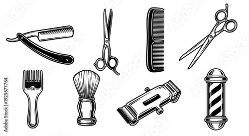 Vintage Barbershop Tools Collection Engraving Style Illustration.