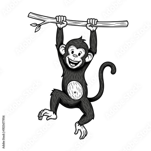 Happy Monkey Hanging from Tree Branch Cartoon Illustration.