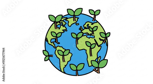 Earth with green sprouts growing out of it symbolizing eco friendly and sustainable living on a blue and green planet
