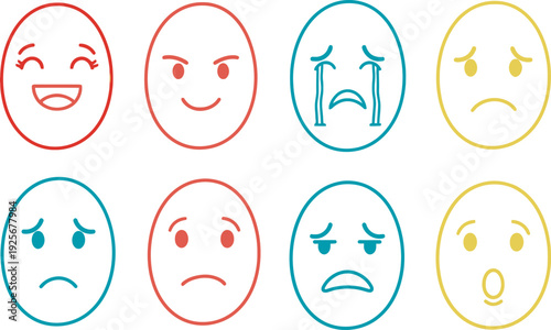 A set of eight emoticon faces with various expressions and emotions in red green and yellow on a white background