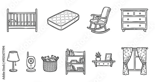 Set of hand-drawn nursery furniture and baby room accessories in a black and white doodle style, including a crib, rocking chair, dresser, lamp, and baby monitor illustrations