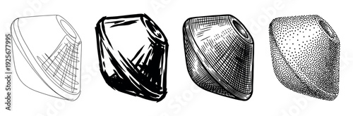 Set of four corn kernel illustrations showing different artistic techniques like line art, brush stroke, vintage engraving, and stippling for a graphic design element collection