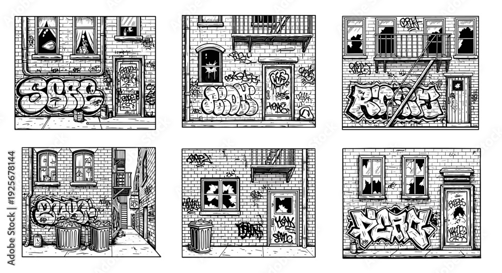 Fototapeta premium Gritty urban street art and graffiti on building walls in a black and white sketch style.
