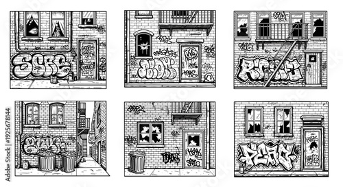 Gritty urban street art and graffiti on building walls in a black and white sketch style.