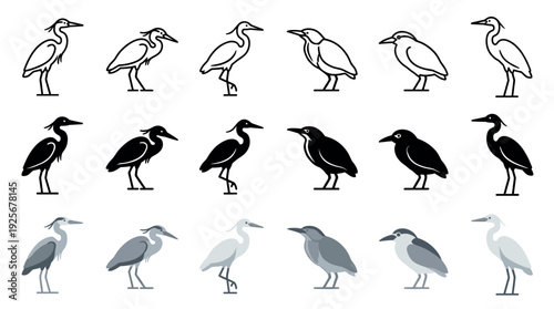 Versatile set of heron, egret, and night heron bird icons presented in three distinct styles including simple line art, black silhouette, and modern flat color design