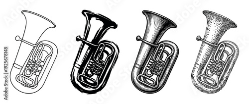 Collection of four tuba musical instruments drawn in different black and white techniques such as outline, ink brush, vintage engraving, and modern stippling dot art