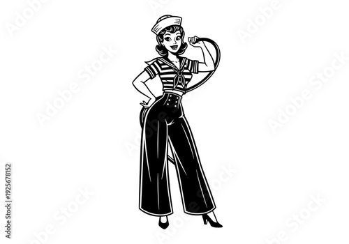 Vintage Pin-Up Sailor Girl Flexing Bicep in Retro Style.