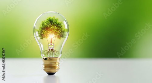 Eco friendly light bulb with a green tree inside on a white table against a blurred green background symbolizing sustainable energy and environmental conservation ideas