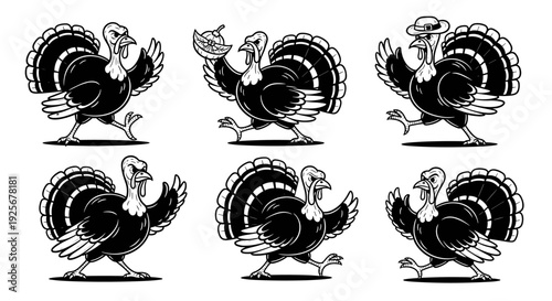 Set of Six Cartoon Turkeys in Various Poses.