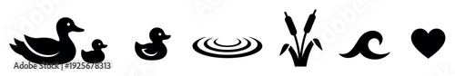 Set of black silhouette icons depicting a duck family with ducklings, cattails, water ripples, a wave, and a heart symbol for nature and wildlife concepts