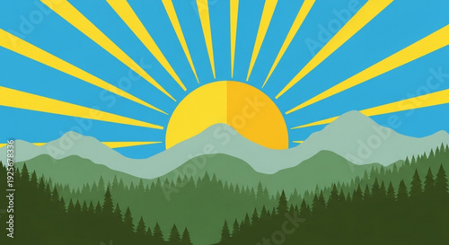 Vibrant sunrise over serene mountain landscape with lush green forest and radiant yellow sun rays