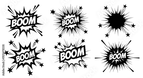 Comic Boom Explosions Set Black and White.
